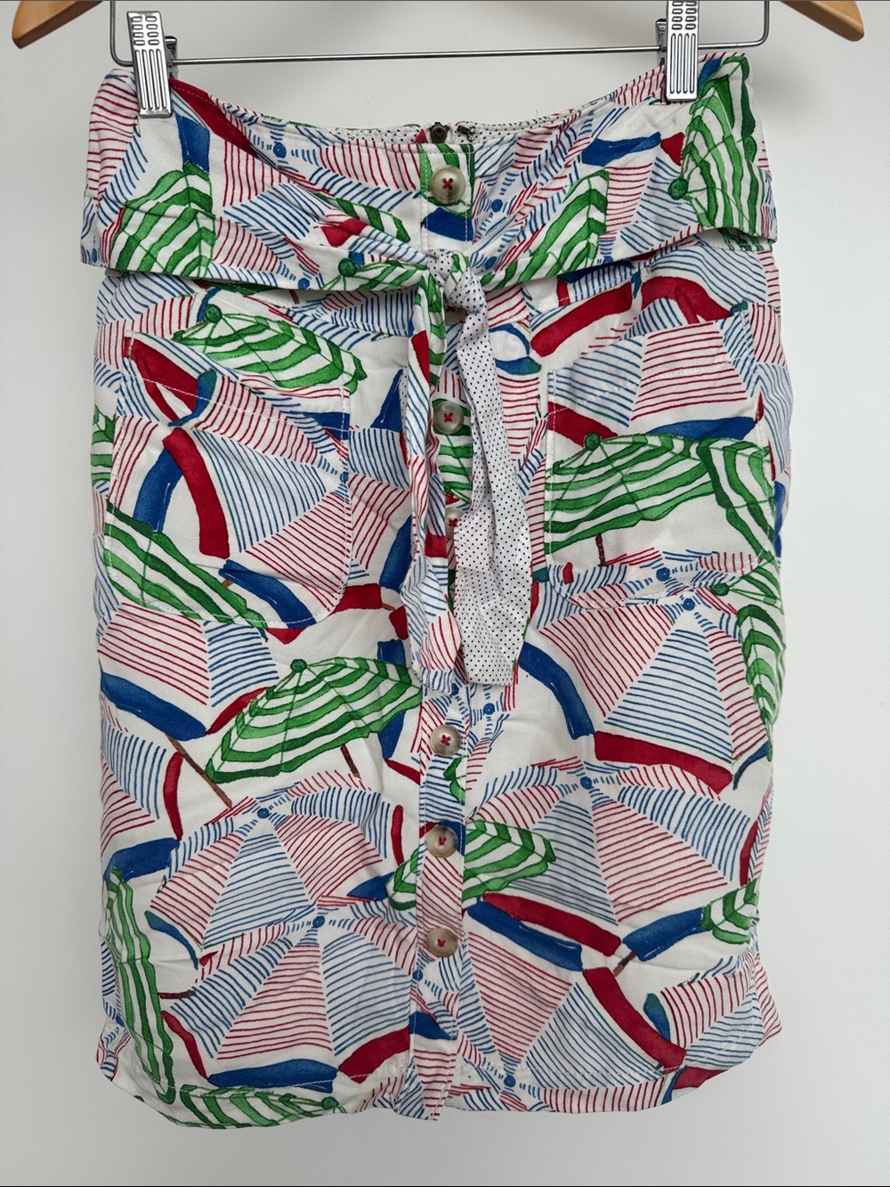 Anthropologie White Skirt with Red, Blue & Green Umbrella Print